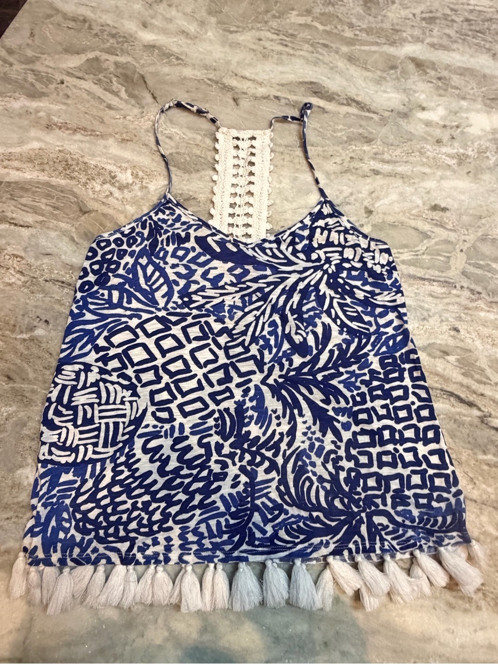 Lilly Pulitzer Nya Tank XS Blue White Crochet Back Tassel Hem